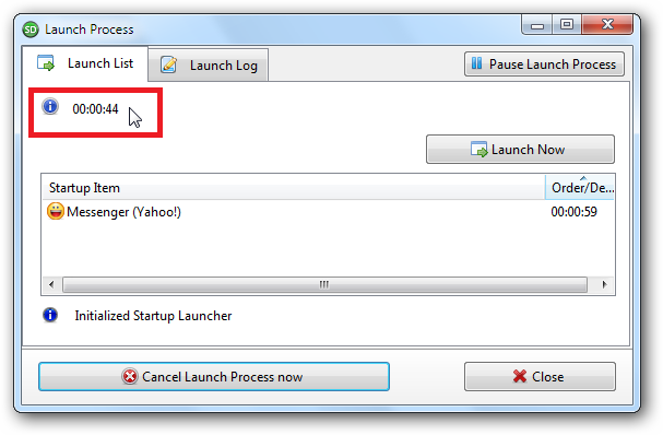 Launch Process showing how many seconds left until program will be allowed to start