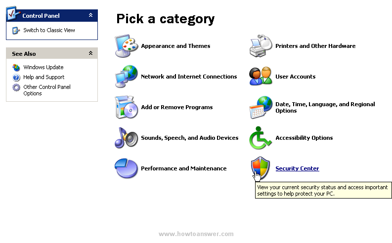 Accessing Security Center in Windows XP via Control Panel