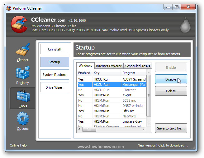 Disable program using CCleaner