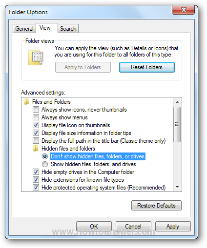 Folder options window in Windows 7