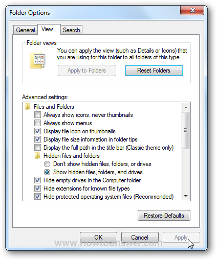 Show hidden files and folders in Windows 7