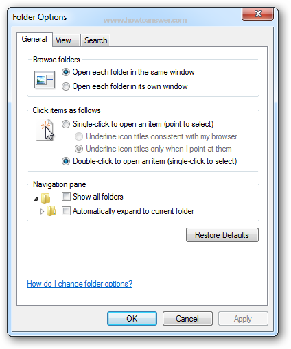 Folder Options window in Windows 7