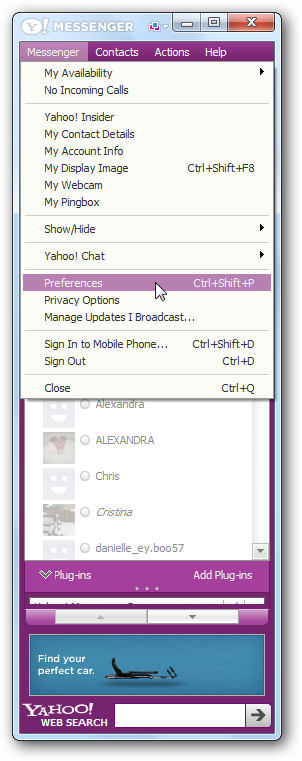 Accessing Yahoo Messenger Preferences